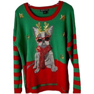 United States Sweater Christmas French Bulldog Sequins Antlers - Green/Red - XL